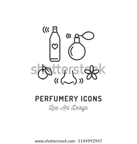 Perfumery Icons. Perfume, deodorant, smelling and smell, nose. Thin line art design, Vector flat illustration Royalty-Free Stock Photo #1144992947