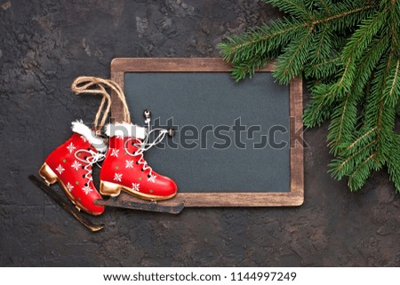 Christmas decor on the wooden background. Top view with copy space