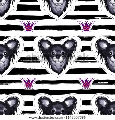 Dog seamless pattern, Heads of puppies on a striped background. Cute glamorous dogs, Vector seamless pattern