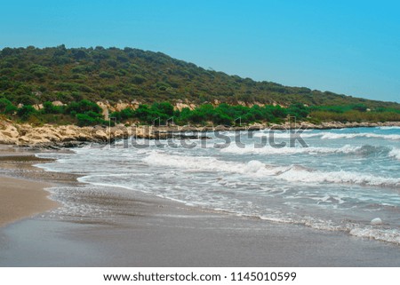 The coast of the Mediterranean sea on the background of green hill.