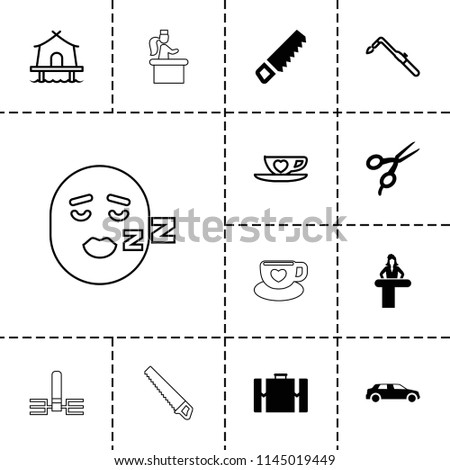 Clipart icon. collection of 13 clipart filled and outline icons such as airport desk, barber scissors, saw, car, suitcase. editable clipart icons for web and mobile.