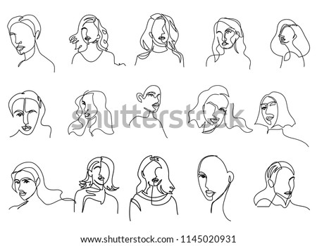 Continuous line, drawing of set faces and hairstyle, fashion concept, woman beauty minimalist, vector 