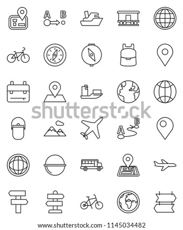 thin line vector icon set - camping cauldron vector, backpack, compass, school bus, world, bike, signpost, navigator, earth, map pin, plane, ship, route, Railway carriage, globe, mountain