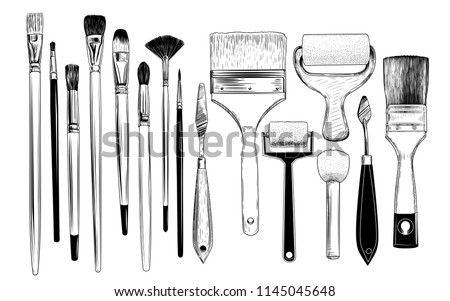 
A collection of sketches of art brushes, palette  knifes and foam rubber rollers. A variety of tools in vintage style. Hand-drawn vector design elements. Clipart.
