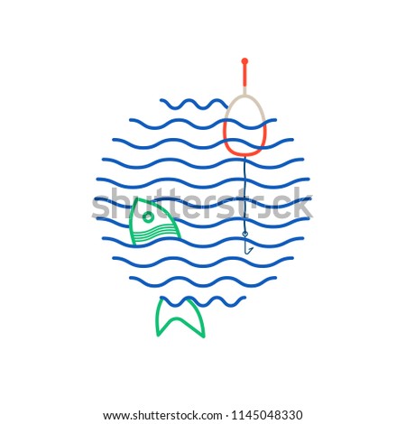 Fishing Icon With Float, Fishhook on the Line and Fish on the Background of Waves. Vector, Illustration