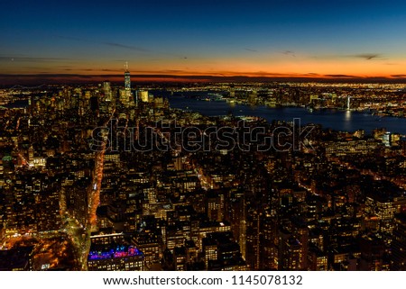 New York City - Manhattan downtown skyline skyscrapers at night and twilight. USA.