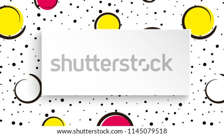 Pop art colorful confetti background. Big colored spots and circles on white background with black dots and ink lines. Banner with 3d paper plate in pop art style. Bright template for flyer, sale, ad