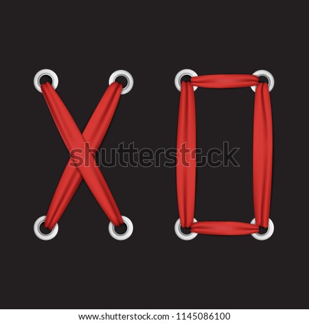 X O t-shirt fashion print on white background. Pattern with hugs and kisses lettering sign from red ribbon and silver eyelets for tshirt and apparel graphics, poster, print, postcard.
