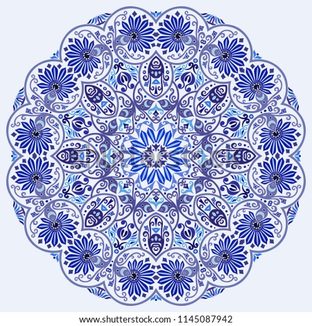 Vector abstract blue decorative floral ethnic round ornamental illustration. 