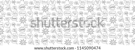 Hand drawn speech bubble doodle seamless pattern. Outline wallpaper isolated on white background. Repeat communication messages for web design, banners, fliers.