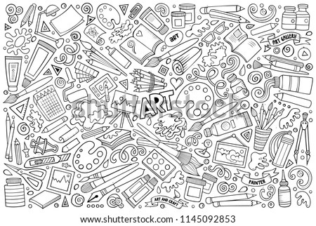 Line art vector hand drawn doodle cartoon set of Art and Craft objects and symbols