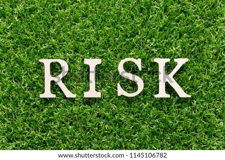 Wood alphabet in word risk on artificial green grass background