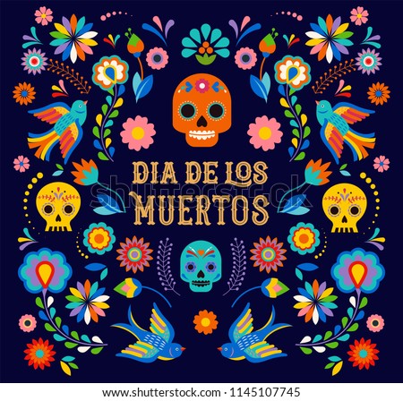 Day of the dead, Dia de los moertos, banner with colorful Mexican flowers. Fiesta, holiday poster, party flyer, funny greeting card Royalty-Free Stock Photo #1145107745