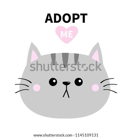 Adopt me. Dont buy. Gray cat round head silhouette. Pink heart. Pet adoption. Cute cartoon kitty character. Funny baby kitten. Help homeless animal Flat design. White background Vector illustration