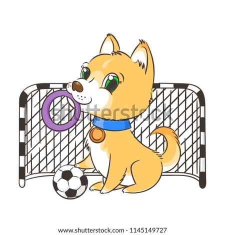 Raster illustration with cute puppy with a soccer ball, card or print concept.