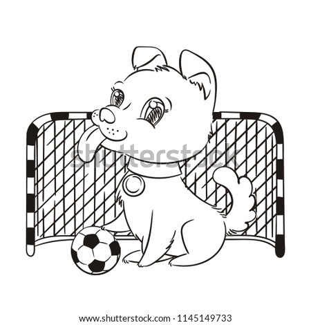 Raster illustration with cute puppy with a soccer ball, card or print concept, coloring page.