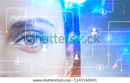 Glowing network hologram against a young and beautiful woman s face. Concept of communication and international business. Toned image double exposure