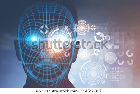 Face of a man with polygons on it. HUD against a blurred background. Toned image double exposure Elements of this image furnished by NASA