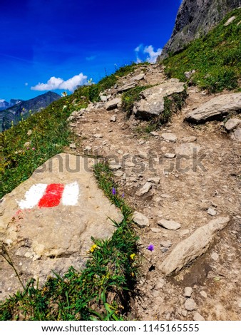 Macro view of the sand and stone road at Alvier hiking way with the swiss flag as sign, Alps mountain chain, sunny summer day, Switzerland
