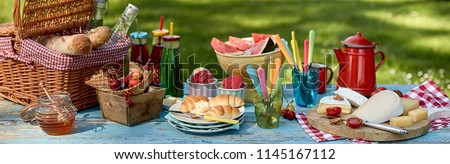 Panorama banner with a healthy summer picnic laid out on a garden table with assorted fresh fruit, croissants, honey, cheese bread and soft drinks with ice cream dessert