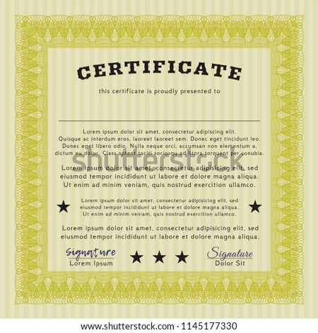 Yellow Certificate or diploma template. Superior design. With quality background. Detailed. 