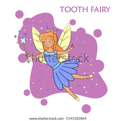 Vector illustration of a cute Tooth Fairy flying with Tooth on the night background with stars