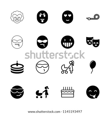 Happiness icon. collection of 16 happiness filled and outline icons such as laughing emot, cool emot in sunglasses, cake, balloon. editable happiness icons for web and mobile.
