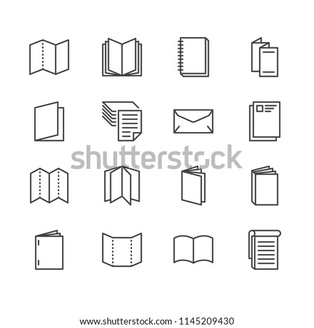 Brochure flat line icons. Business identity illustrations - letterhead, booklet, flyer, leaflet, corporate catalogue, envelope. Thin signs for print shop. Pixel perfect 64x64. Editable Strokes. Royalty-Free Stock Photo #1145209430