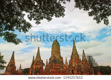 Landscape of Ancient old pagoda at Wat Chai Wattanaram is Famous Landmark old History Buddhist temple in Ayutthaya , Thailand