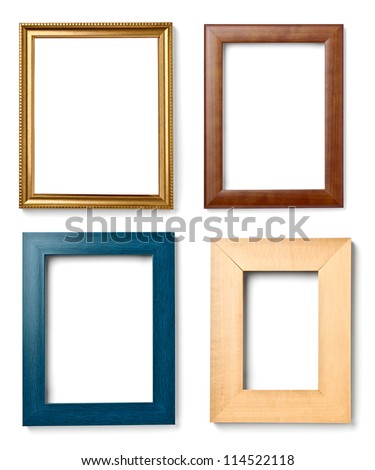 collection of various wooden frames for painting or picture on white background. each one is shot separately