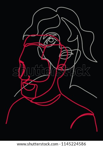 Continuous line, drawing of two heads, Two faces,  mans and woman, ligt grey and red on black , minimalist ,vector
