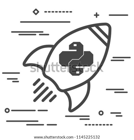 Flat line art concept illustration of spaceship with python code icon. Trendy snake vector symbol for web site development or button to mobile app.