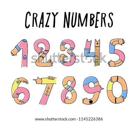 Hands up crazy numbers. Set of creative mathematical symbols, done with arm gesture, palm, fingers, and thumb in a cute way. Vector hand draw style cartoon illustration isolated on white background