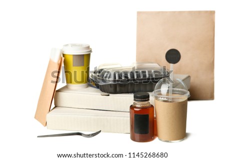 Packing meal in packs and lunch boxes isolated on white. Concept food delivery.