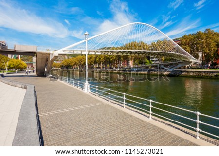 Nervion River embankment in the centre of Bilbao, largest city in the Basque Country in northern Spain