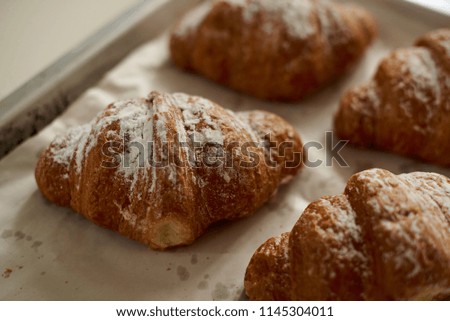 Fresh baked croissants on baking sheet