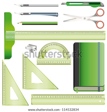 Set of equipment for drafting and drawing with transparent plastic rulers, pencil, model knife, scissors and green sketchbook