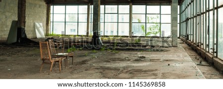 Industrial interior at the old electronic devices factory with big windows and empty floor. Interior inside an abandoned factory, overgrown with green moss and plants.