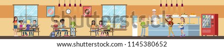 School cafeteria interior. Children have lunch in the dining room. School canteen. Vector flat illustration