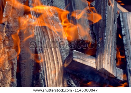 
A beautiful background of black burning firewood in flame and ash.Close-up