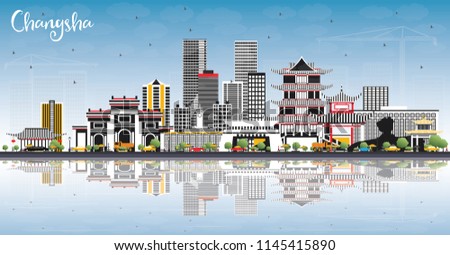 Changsha China City Skyline with Gray Buildings, Blue Sky and Reflections. Vector Illustration. Business Travel and Tourism Concept with Modern Architecture. Changsha Cityscape with Landmarks.