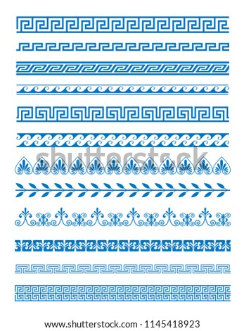 Vector illustration set of Greek patterns and ornaments on white background. Wave and meander decorative elements set blue color.