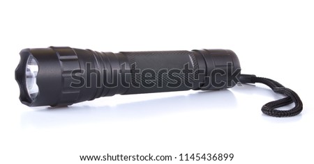 black Electric LED torch flashlight isolated on a white background Royalty-Free Stock Photo #1145436899