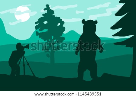 Photographer photographs bear in nature. Forest and mountains Wildlife Panorama. Natural scene. Travelling videographer. Vector