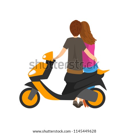 Young couple in love sitting on motorbike, back view vector Illustration on a white background