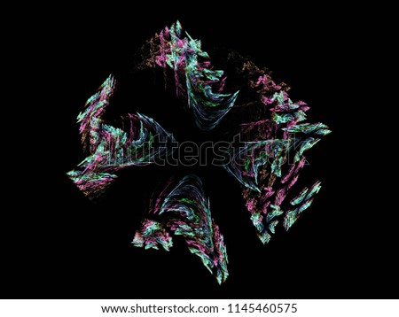 abstract, fractal, openwork green pink figure composition of patterns on a black background, computer generated design, illustration for banner, cover, disc, website, invitation, etc.
