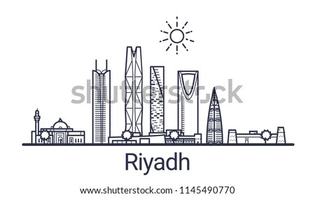 Skyline of Riyadh city in linear style. Riyadh cityscape line art. All buildings separated with clipping masks. So you can change composition and background.