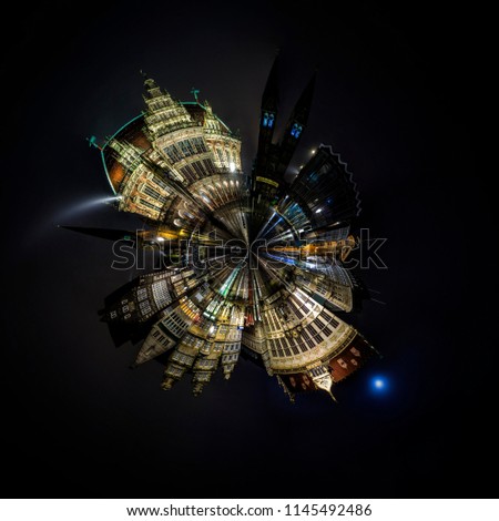 Night Tiny Mini planet Skyline of Bremen main market square in the centre of the old Hanseatic City, Germany. 360 degree montage from 30 images