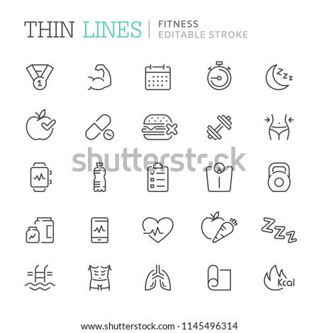 Collection of fitness related line icons. Editable stroke Royalty-Free Stock Photo #1145496314