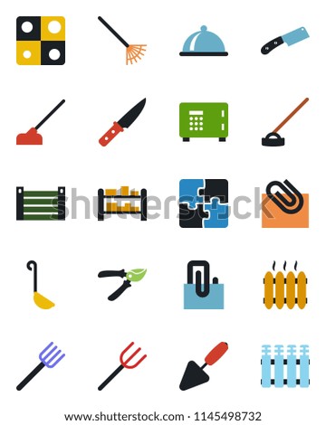 Color and black flat icon set - safe vector, trowel, farm fork, rake, pruner, hoe, container, rack, application, paper clip, heater, dish, ladle, knife, radiator